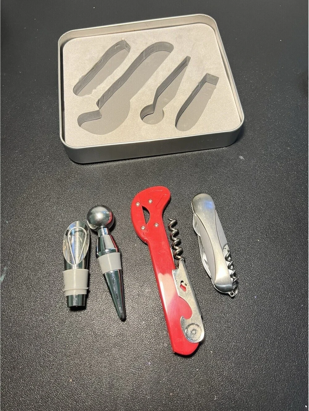 Bank Hapoalim Israel 4 Pc Wine Accessory Set Corkscrew Stoppers Silver Tin Box